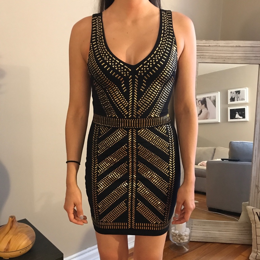 Bebe Black Bodycon Dress with Gold Hardware